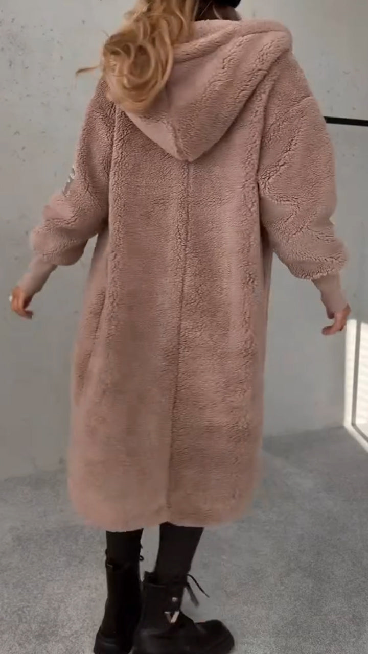 Dámský pletený kožešinový teplý kabát s kapucí a knoflíky s dlouhým rukávem