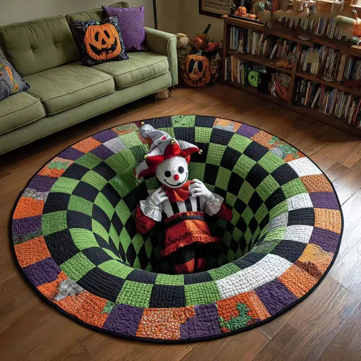 🔥Posledná akcia🎃Prešívaný okrúhly halloweenský koberec s 3D kostrou a vírom