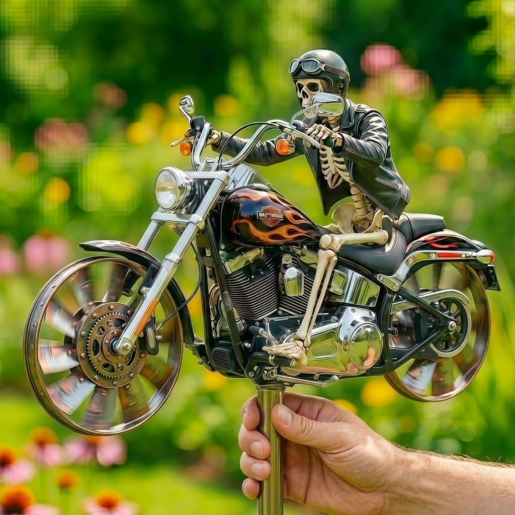Kostrový oblek na motorce v zahradním větrném mlýně