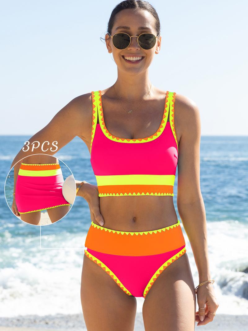 🌼 Třídílné sportovní bikiny z nylonu s barevnými bloky – vysoký pas se zeštíhlujícím efektem na břicho 👙