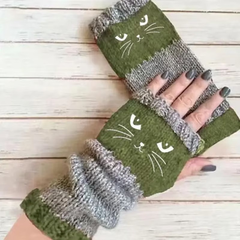 🐱 Roztomilé dámské pletené rukavice s kočičím vzorem🧤🧶