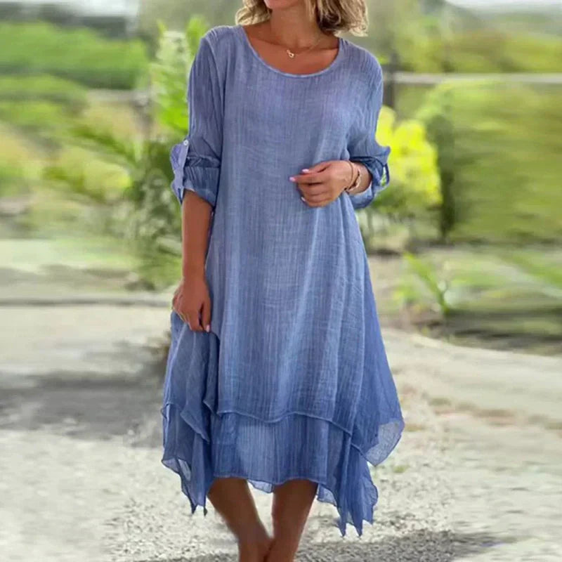 💕Dámské elegantní jednobarevné šaty volného střihu s kulatým výstřihem