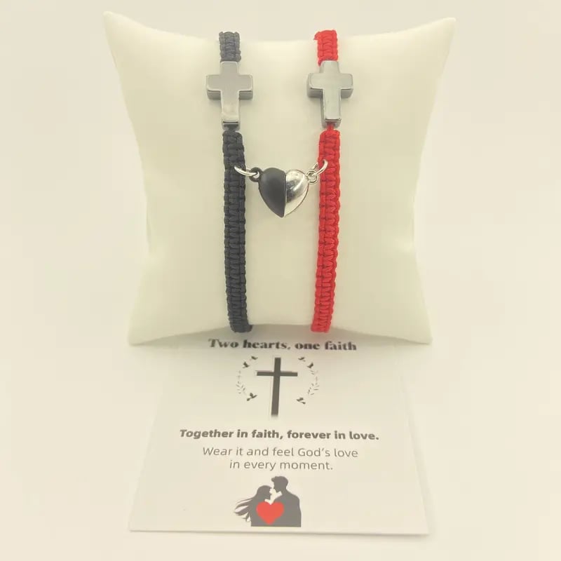 💕„Dvě srdce, jedna víra“ - inspirativní křesťanský náramek s křížkem a kartičkou s Ježíšovým požehnáním
