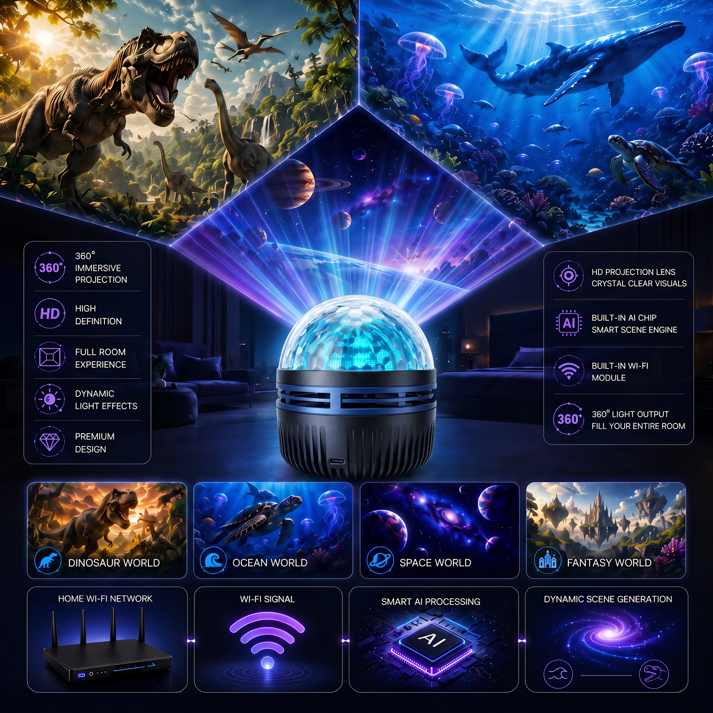 🦖🎁360° chytrý holografický projektor hvězdné oblohy (HD Smart Dynamic 5D)