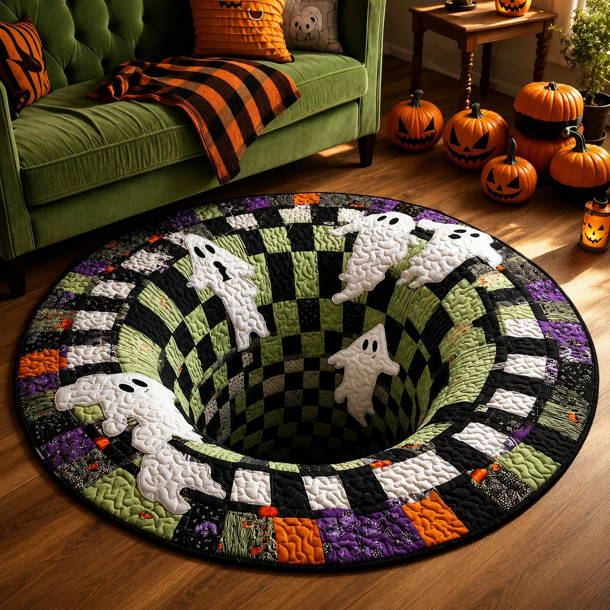 🔥Posledná akcia🎃Prešívaný okrúhly halloweenský koberec s 3D kostrou a vírom