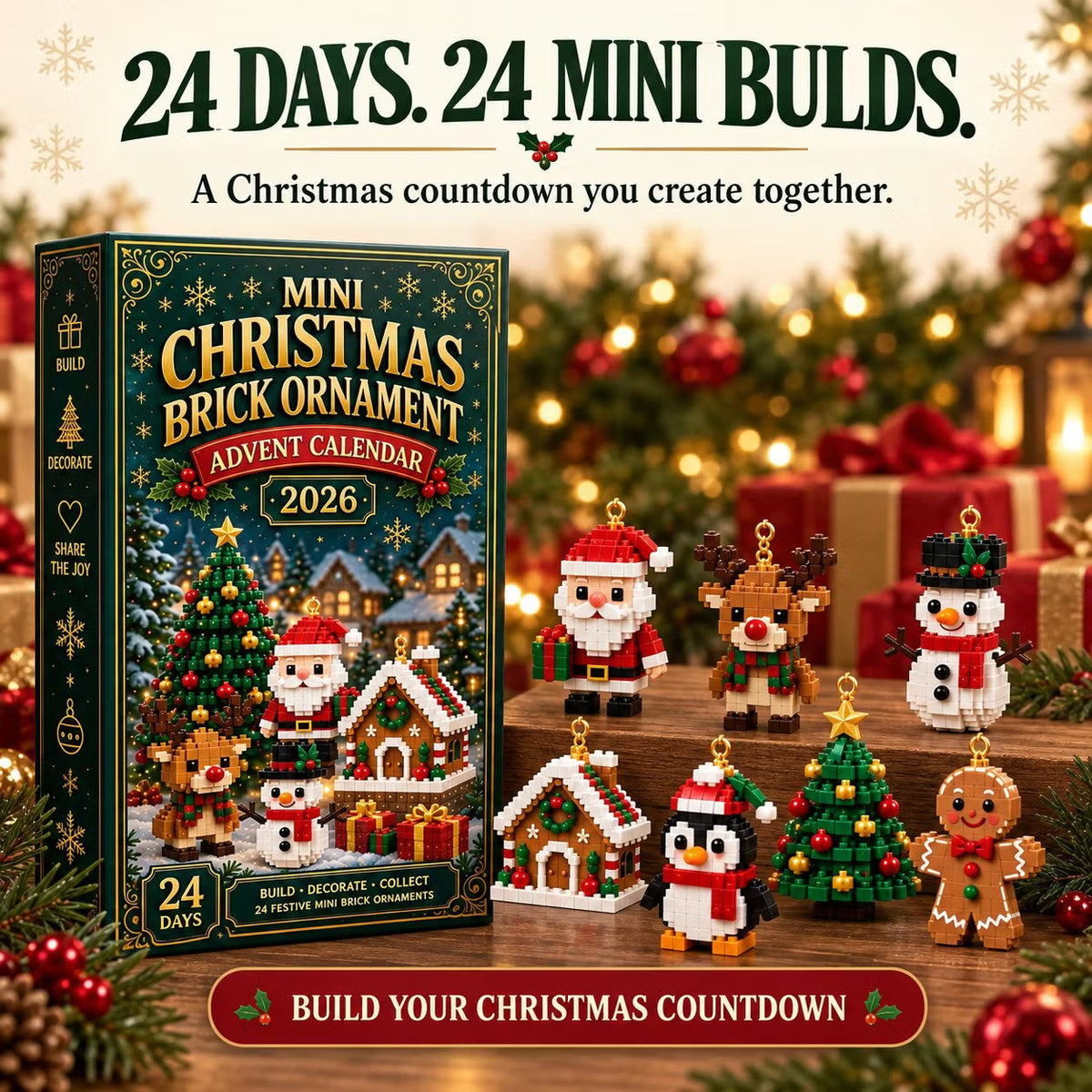 🎄 24denní mini adventní kalendář s vánočními ozdobami | 24 unikátních, svátečních, vlastních designů s poutky na zavěšení – ideální pro zdobení vánočních stromků, věnců a svátečních dekorací 🧱