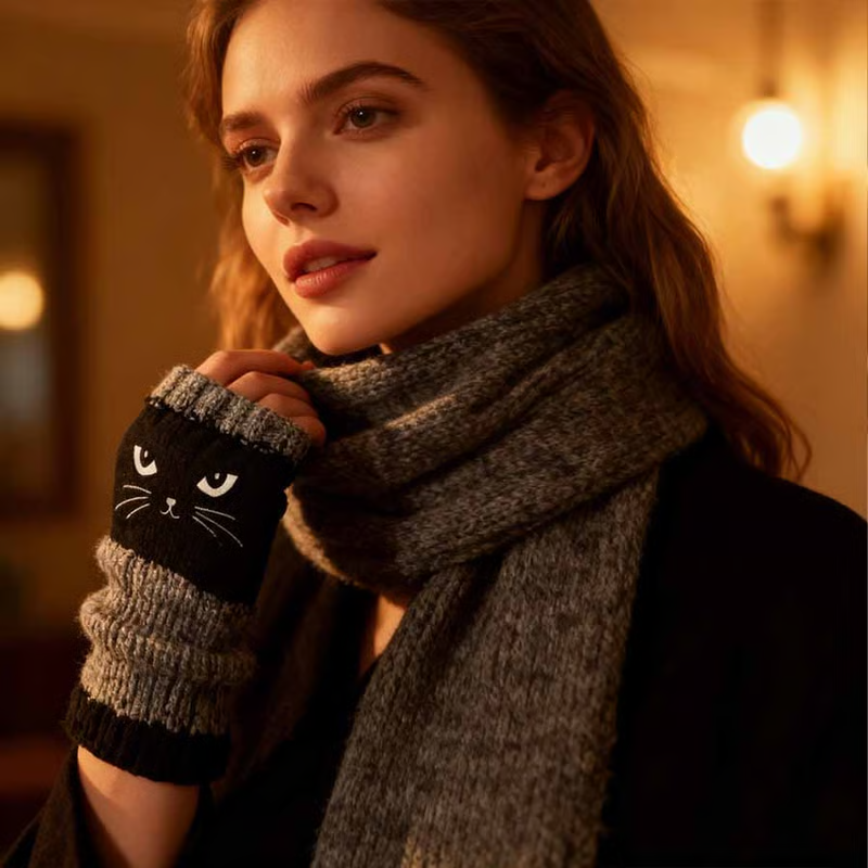 🐱 Roztomilé dámské pletené rukavice s kočičím vzorem🧤🧶
