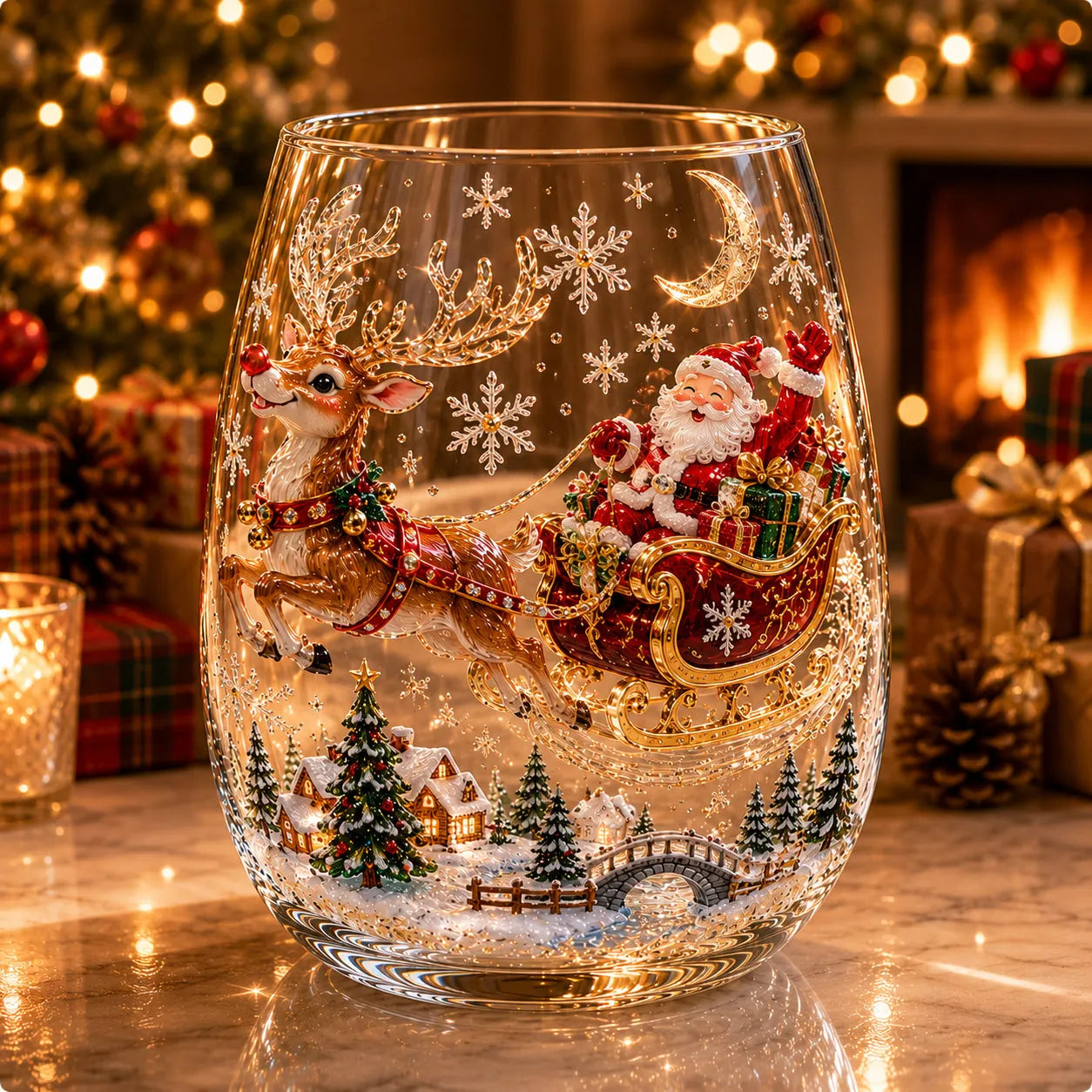 Kouzelná vánoční kolekce 3D skleněných kelímků – Santa Claus, sob, sněhulák a vánoční stromeček