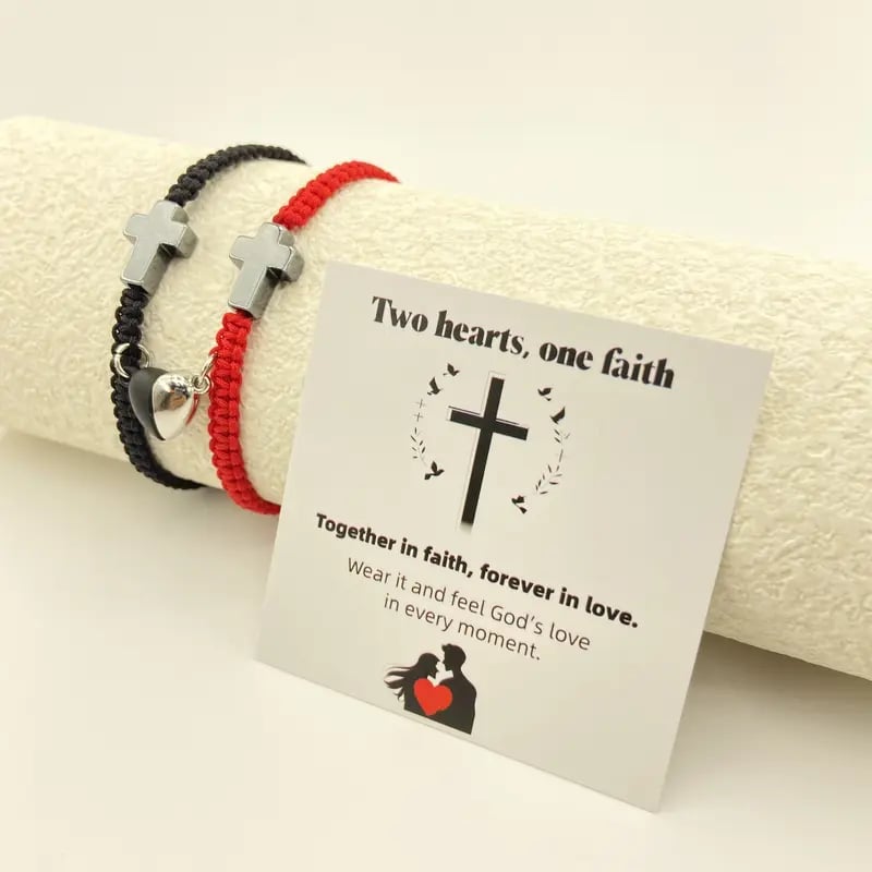 💕„Dvě srdce, jedna víra“ - inspirativní křesťanský náramek s křížkem a kartičkou s Ježíšovým požehnáním