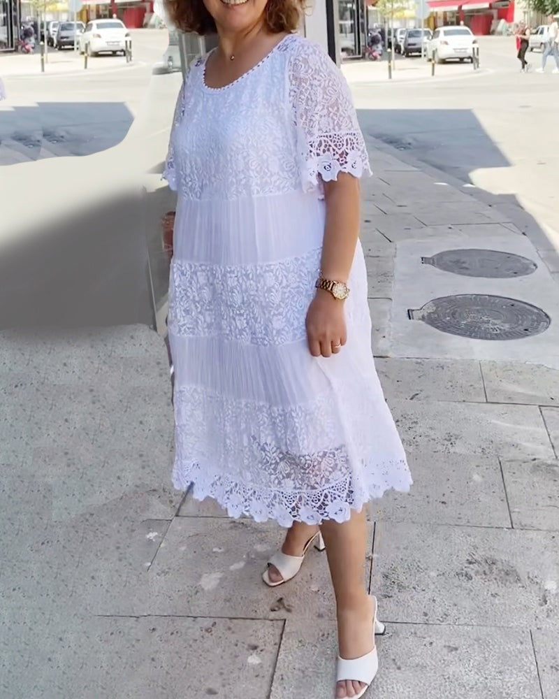 💝Monochromatické korunkové šaty s krátkým rukávem👗