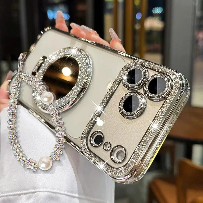 ✨💎Třpytivý diamantový dámský kryt na telefon se zrcátkem a stojánkem pro iPhone 12/13/14/15/16/17 Pro Max, 17Air, 14/15/16 Plus💖