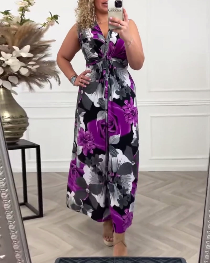 💗Elegantní řasené šaty s květinovým potiskem bez rukávů