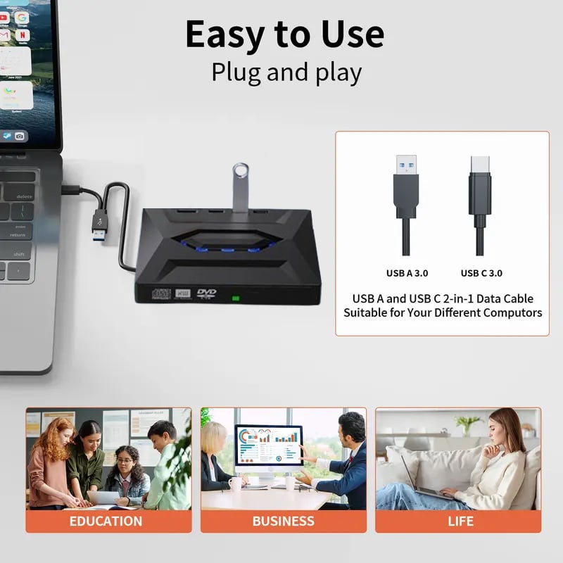 Retro notebookový CD DVD přehrávač USB C 3.0 přenosná CD vypalovačka