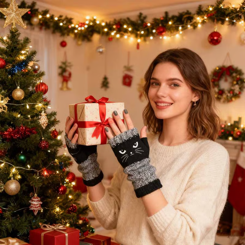 🐱 Roztomilé dámské pletené rukavice s kočičím vzorem🧤🧶