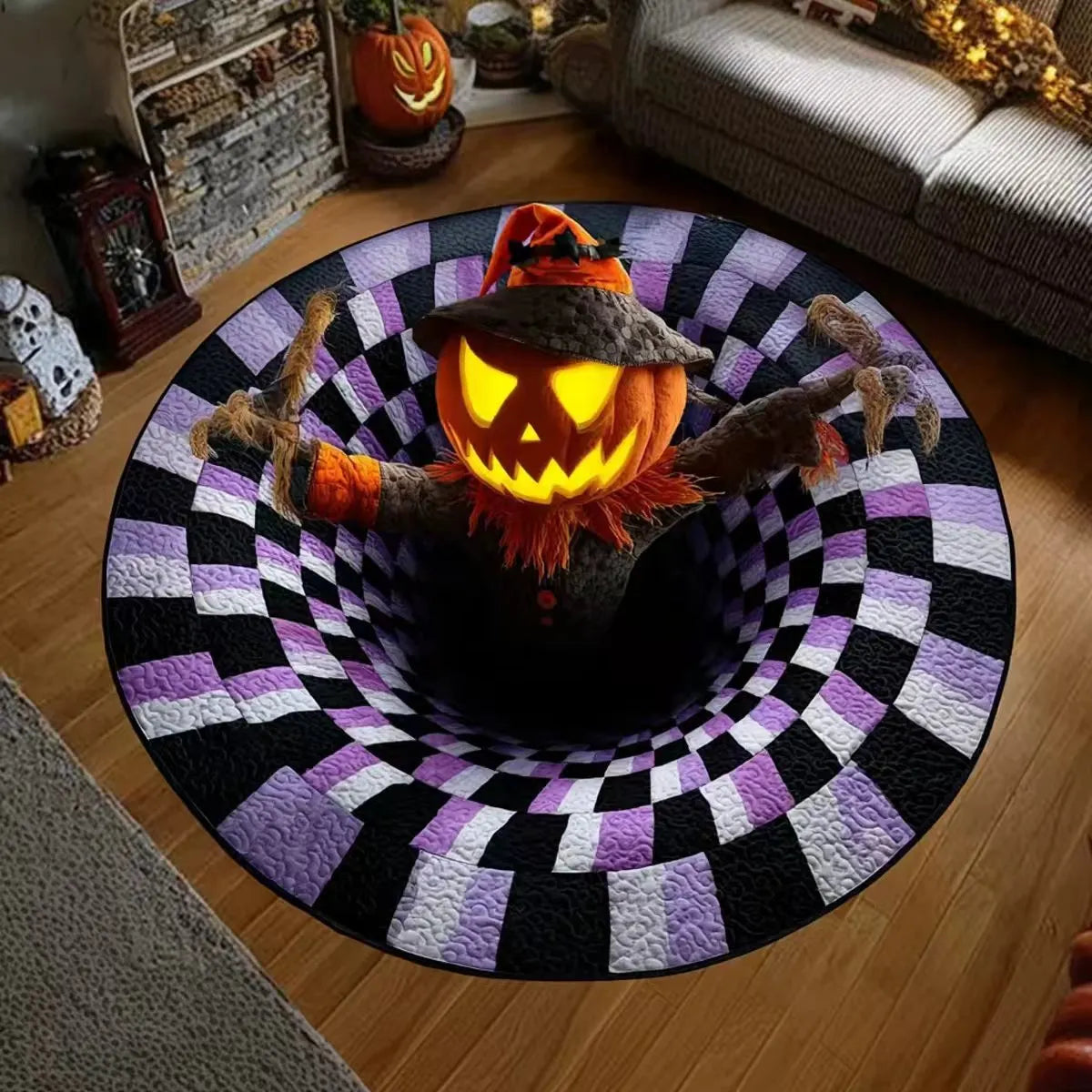 🔥Posledná akcia🎃Prešívaný okrúhly halloweenský koberec s 3D kostrou a vírom