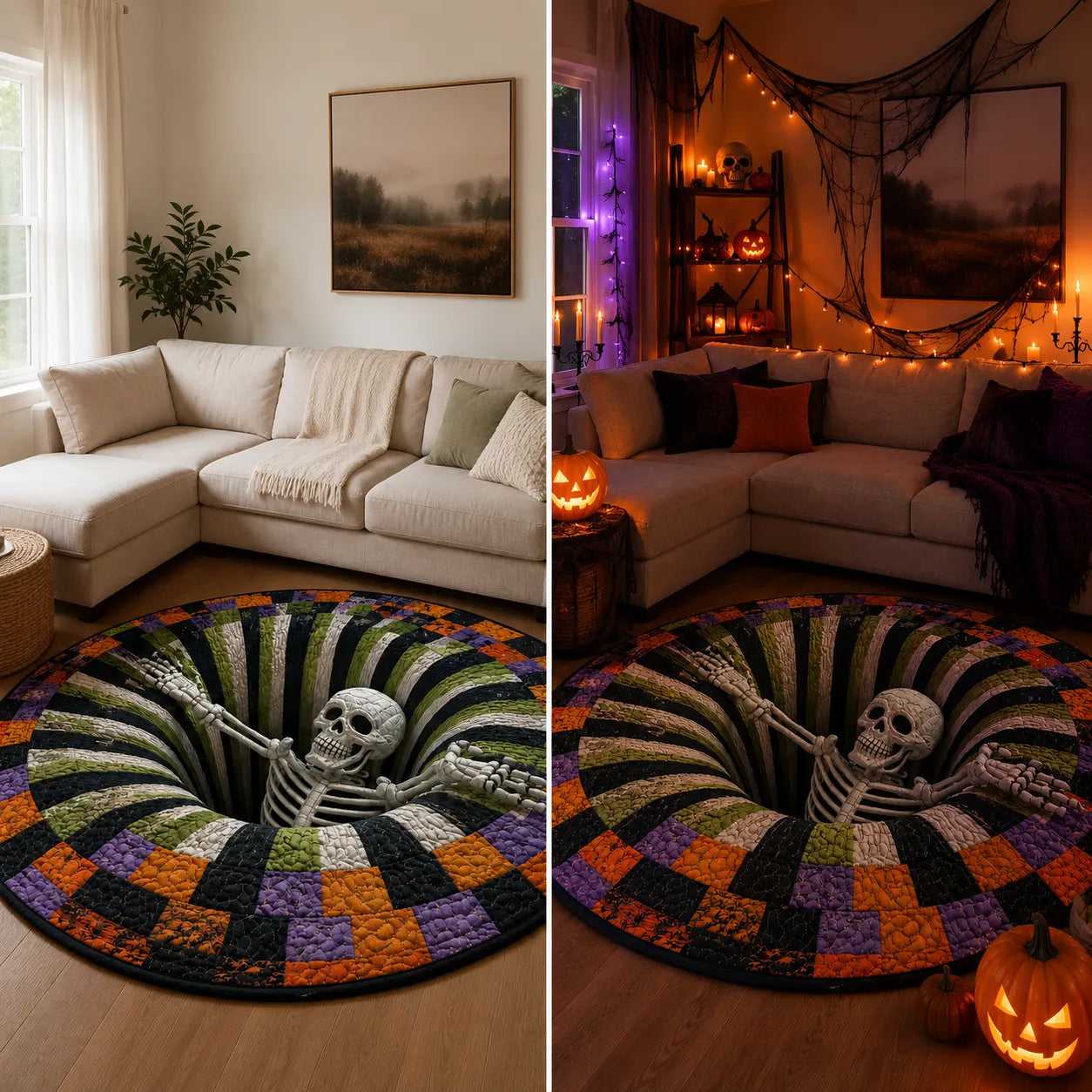 🔥Posledná akcia🎃Prešívaný okrúhly halloweenský koberec s 3D kostrou a vírom