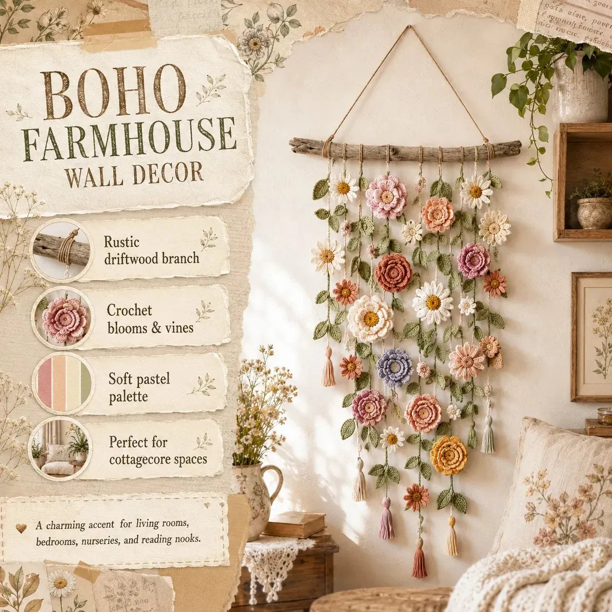 🌸Boho háčkovaná květinová dekorace na zeď
