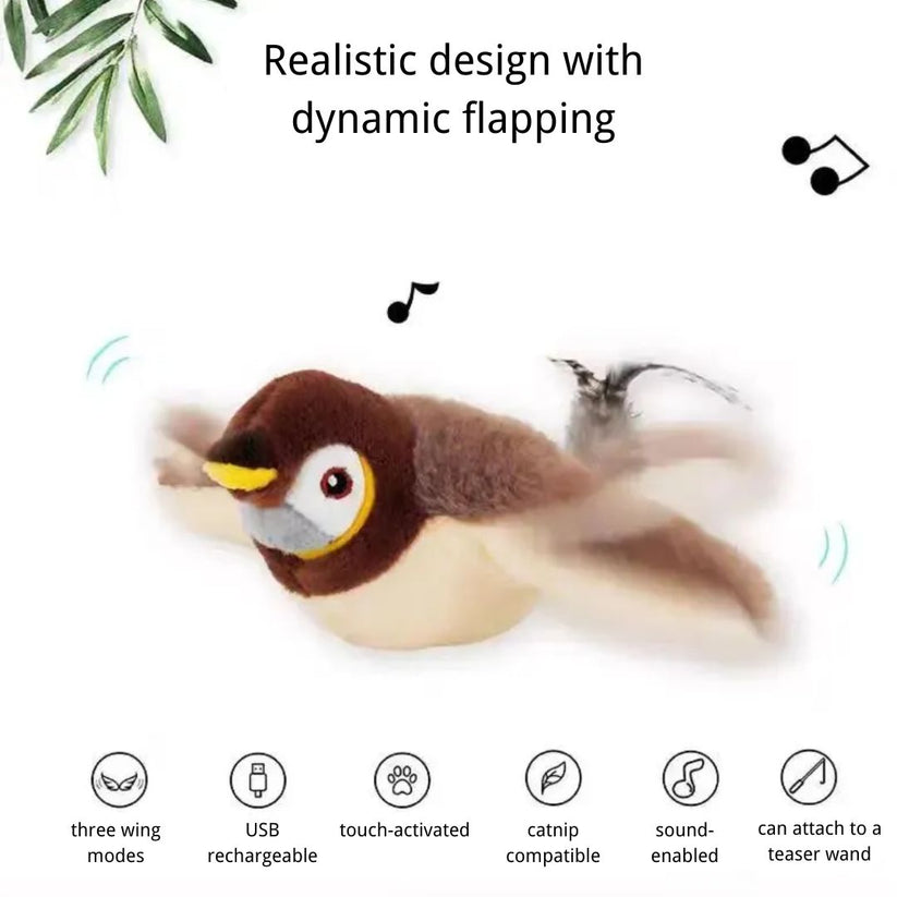 😻 Realistická vrabčí hračka pro kočky – Dobíjecí cvrlikající a mávající ptáček 🐦