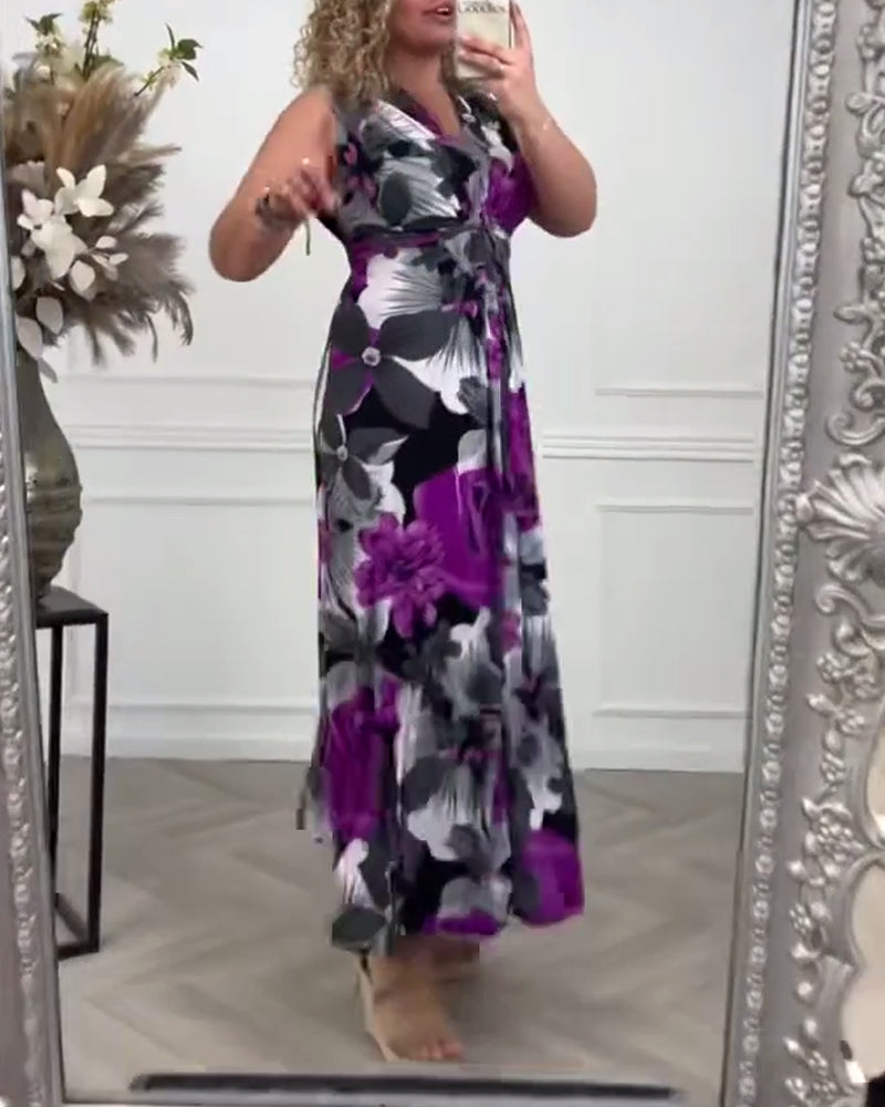 💗Elegantní řasené šaty s květinovým potiskem bez rukávů