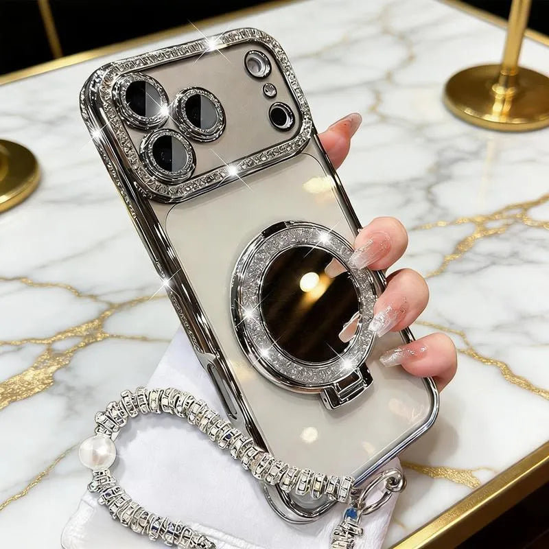 ✨💎Třpytivý diamantový dámský kryt na telefon se zrcátkem a stojánkem pro iPhone 12/13/14/15/16/17 Pro Max, 17Air, 14/15/16 Plus💖