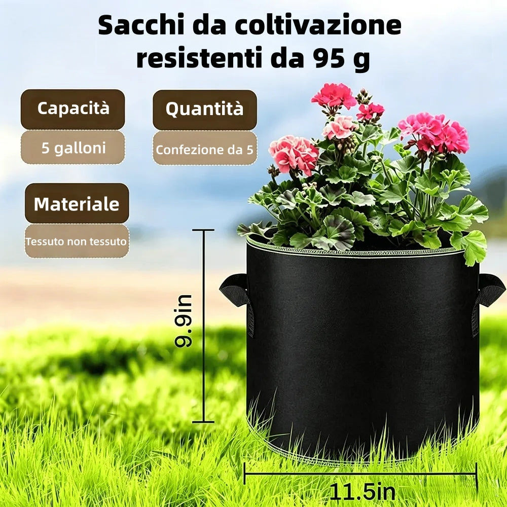 🌱 Balení 5 pěstebních sáčků o objemu 19 litrů (5 galonů) – odolné, prodyšné látkové květináče s uchy na zeleninu, květiny a ovoce