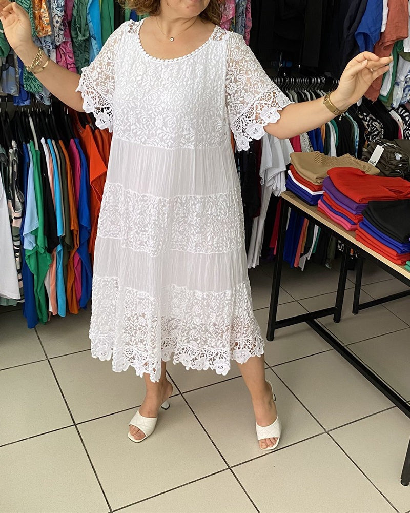 💝Monochromatické korunkové šaty s krátkým rukávem👗
