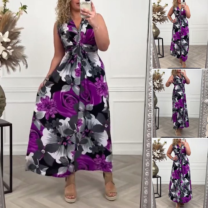 💗Elegantní řasené šaty s květinovým potiskem bez rukávů
