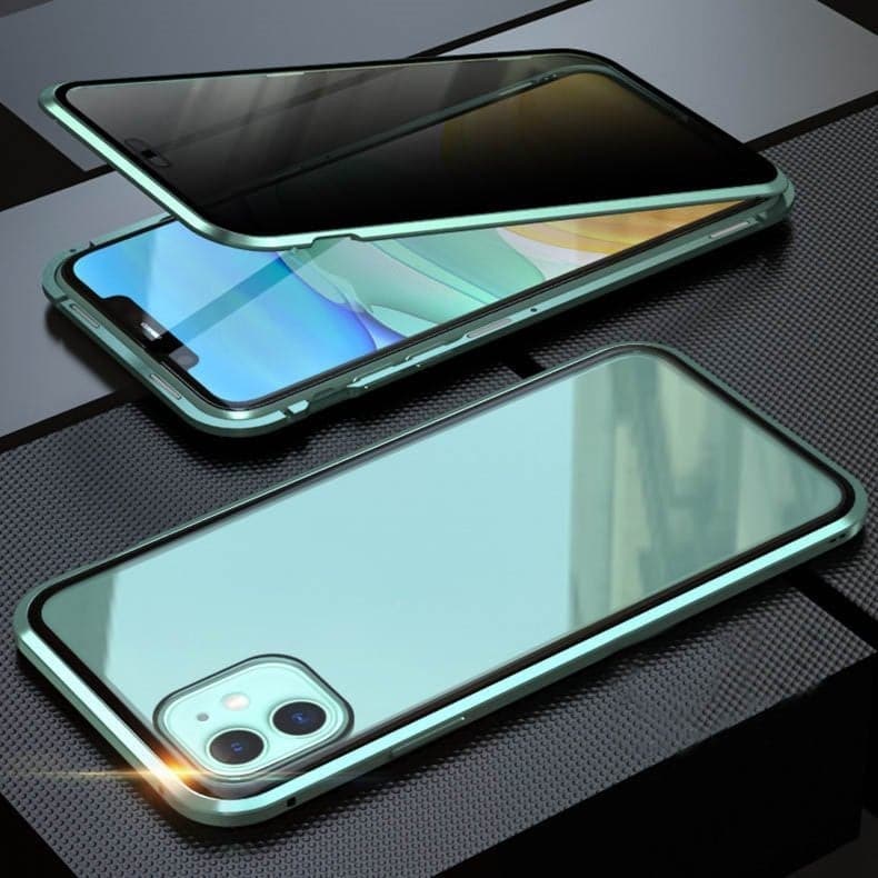 Magnetický kryt na iPhone s antireflexním sklem a kovem
