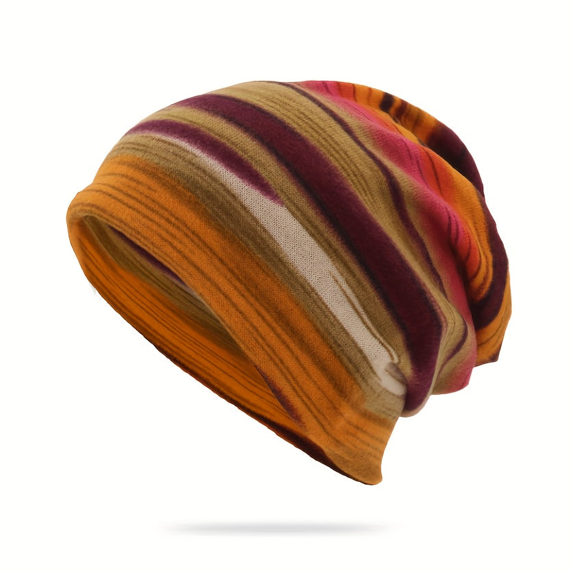 Pandaize Barevné pruhy Retro Termo volná čepice Beanie - Vintage pletené oblečení na podzim a zimu