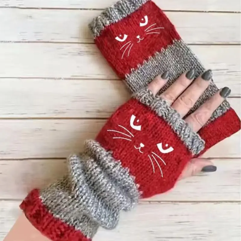 🐱 Roztomilé dámské pletené rukavice s kočičím vzorem🧤🧶