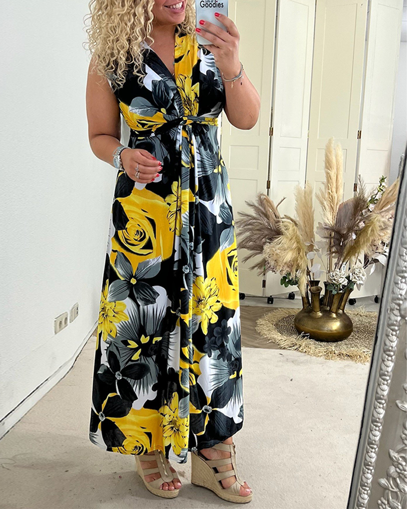 💗Elegantní řasené šaty s květinovým potiskem bez rukávů