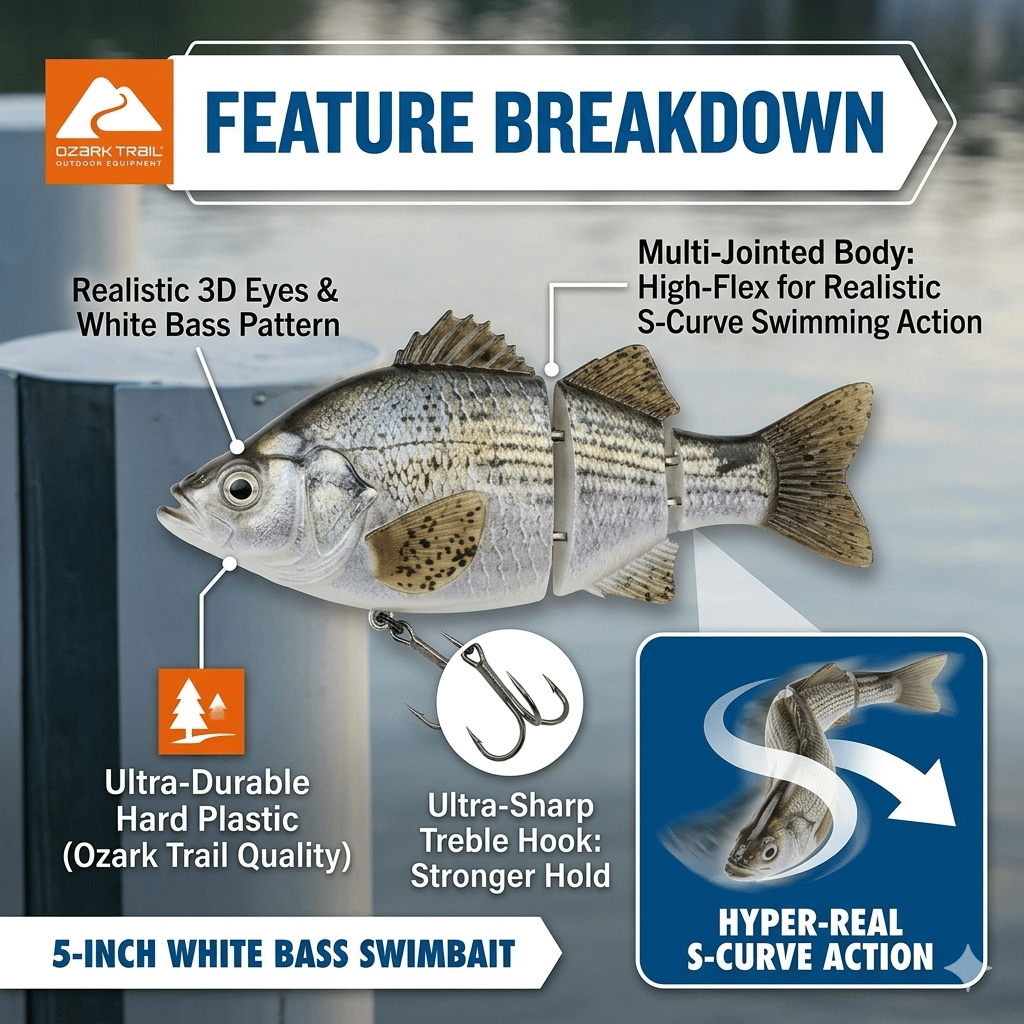 🌊Ovládněte vodu: Ozark Trail 5palcová vícedílná swimbait na bílého okouna🐟
