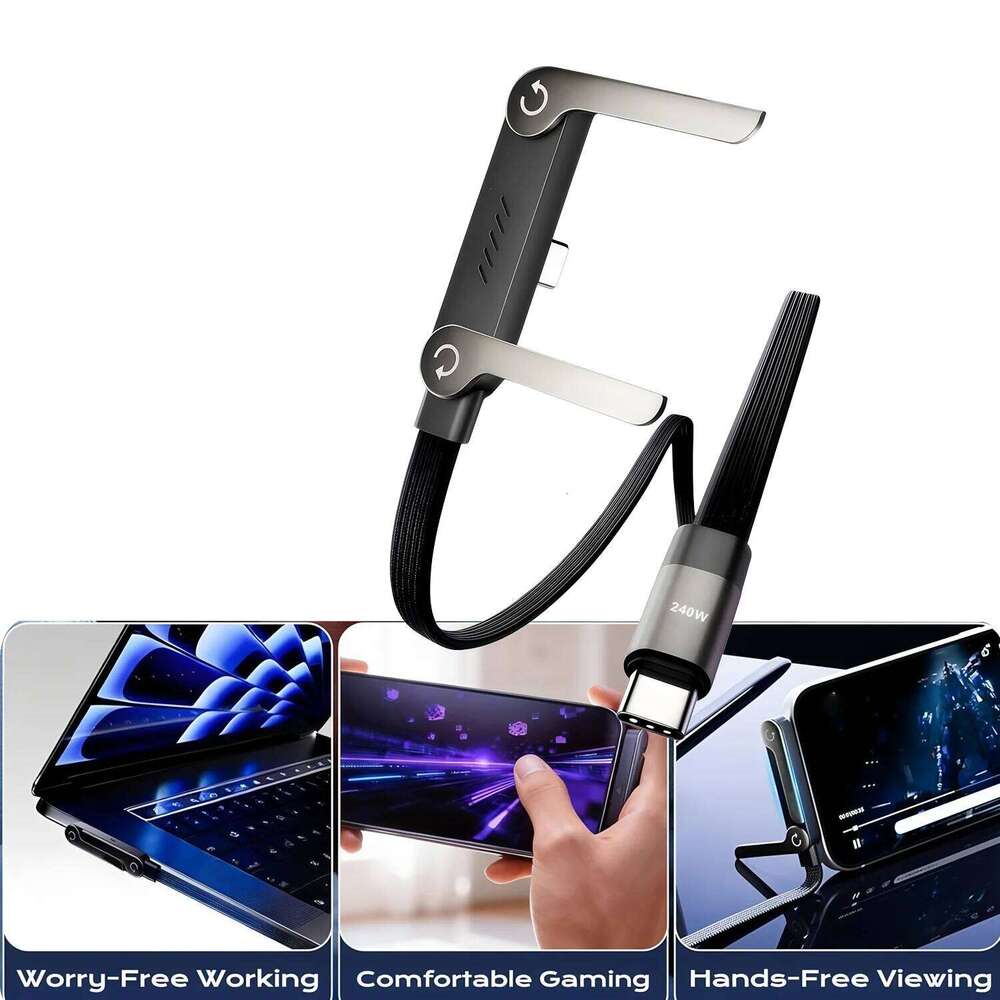 📱 240W opletený rychlonabíjecí kabel s vestavěným stojánkem na telefon - nový skládací odolný kabel USB-C typu C z roku 2026 (balení 2 kusů)