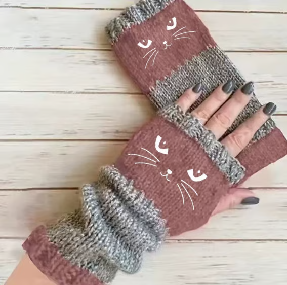 🐱 Roztomilé dámské pletené rukavice s kočičím vzorem🧤🧶