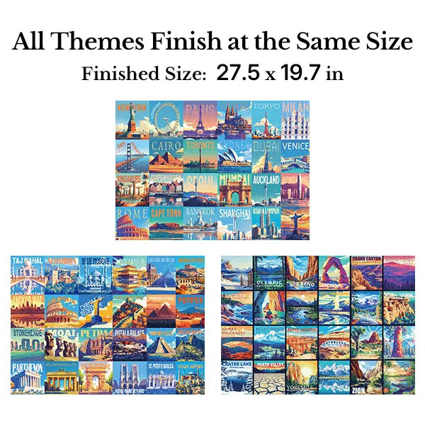 Cestovní série Rokt&razo, 24 mini puzzle po 1000 dílcích, 8 samolepek, 3 témata: národní parky, světové dědictví, prohlídka města po celém světě