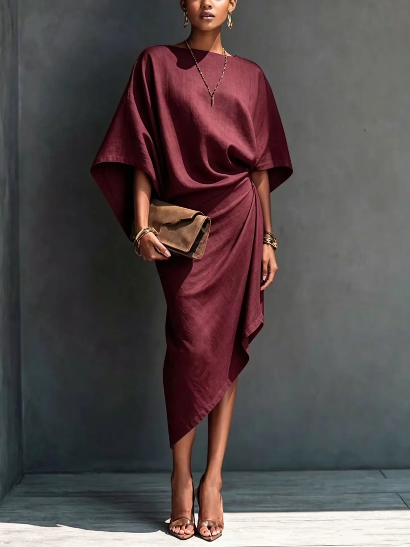 Dámské moderní minimalistické khaki midi šaty s krátkým rukávem a splývavým límcem