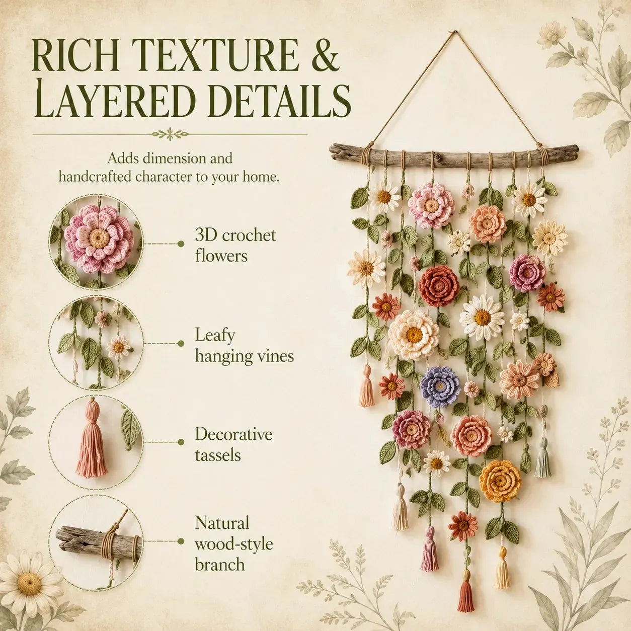 🌸Boho háčkovaná květinová dekorace na zeď