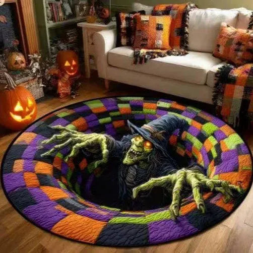 🔥Posledná akcia🎃Prešívaný okrúhly halloweenský koberec s 3D kostrou a vírom