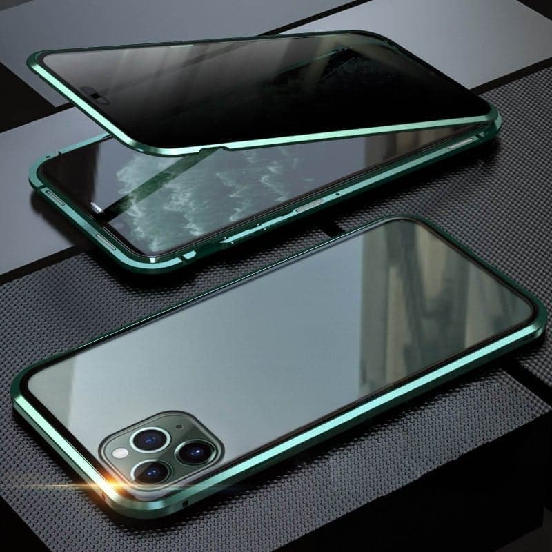 Magnetický kryt na iPhone s antireflexním sklem a kovem