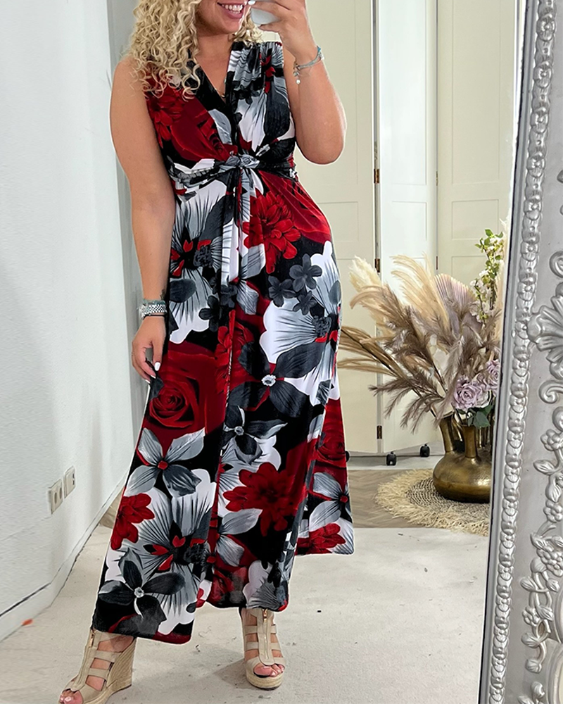 💗Elegantní řasené šaty s květinovým potiskem bez rukávů
