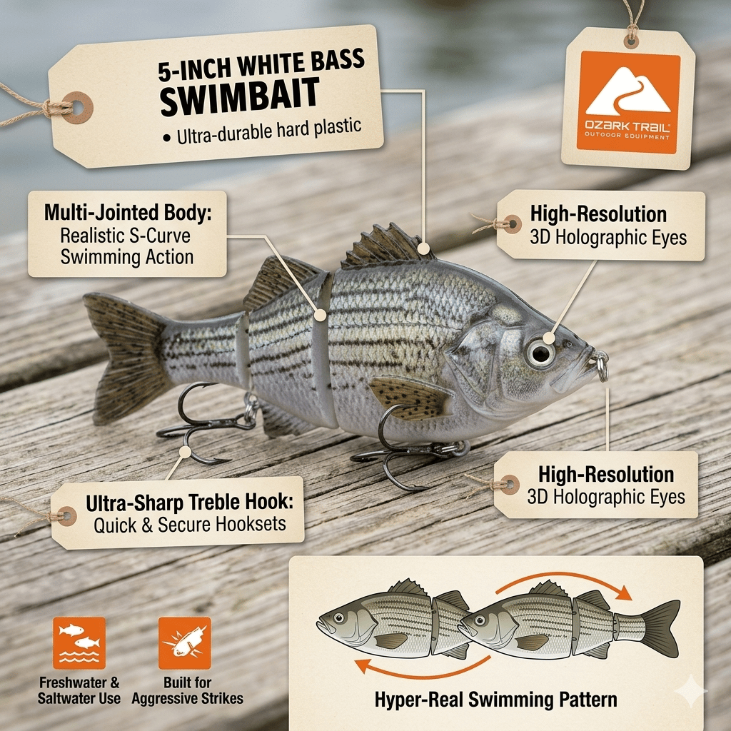 🌊Ovládněte vodu: Ozark Trail 5palcová vícedílná swimbait na bílého okouna🐟