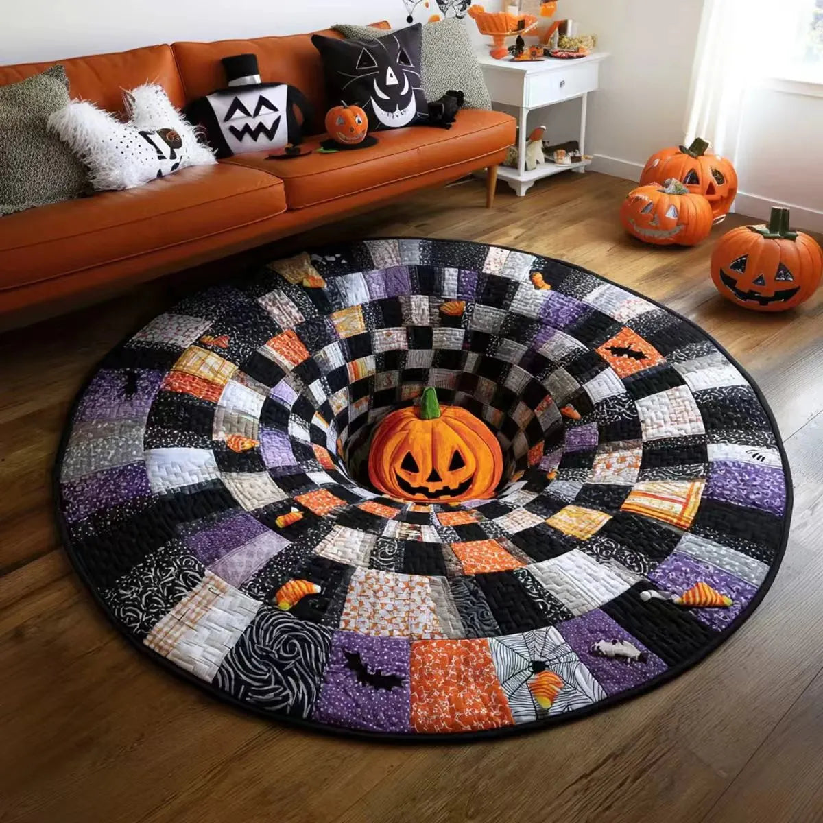 🔥Posledná akcia🎃Prešívaný okrúhly halloweenský koberec s 3D kostrou a vírom