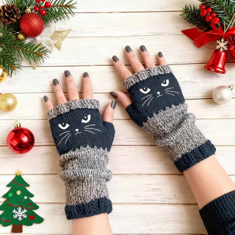 🐱 Roztomilé dámské pletené rukavice s kočičím vzorem🧤🧶