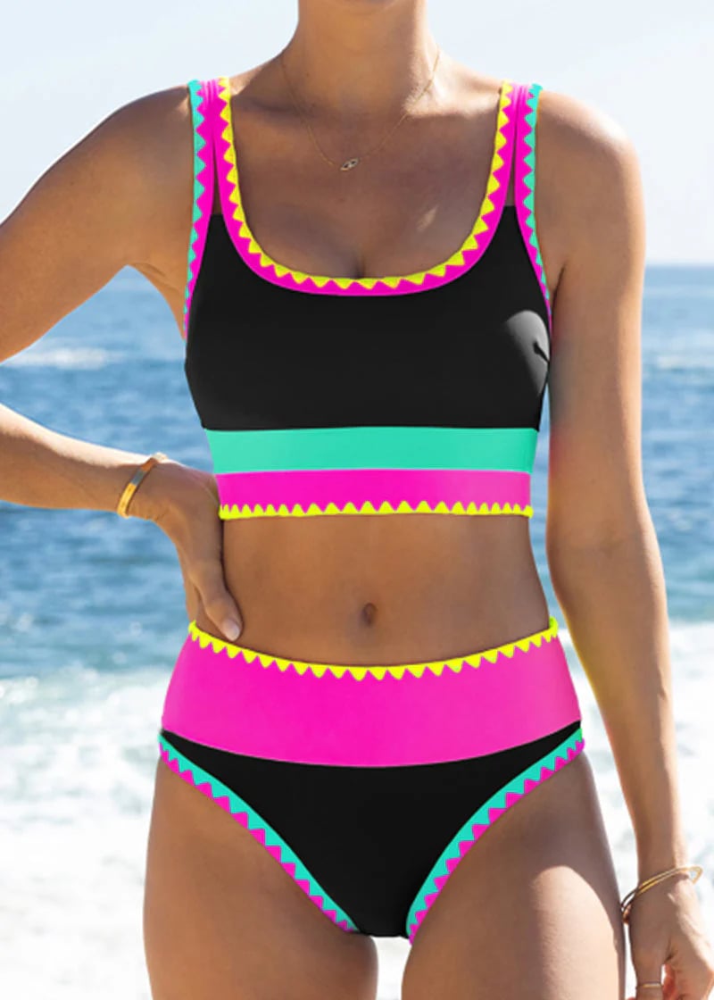 🌼 Třídílné sportovní bikiny z nylonu s barevnými bloky – vysoký pas se zeštíhlujícím efektem na břicho 👙
