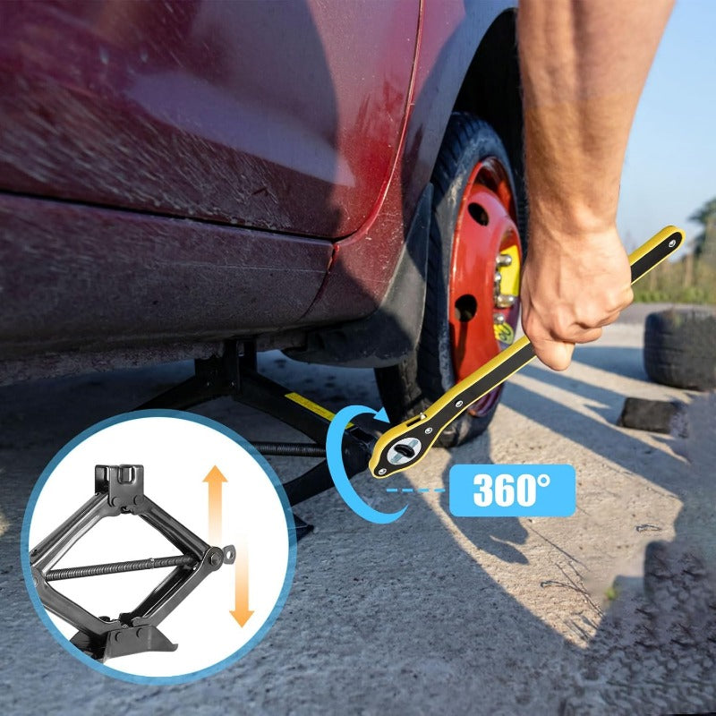 Ráčnový klíč s nůžkovým zvedákem pro vysoké zatížení - 360° otočný zvedák pneumatik se sadou křížových adaptérů