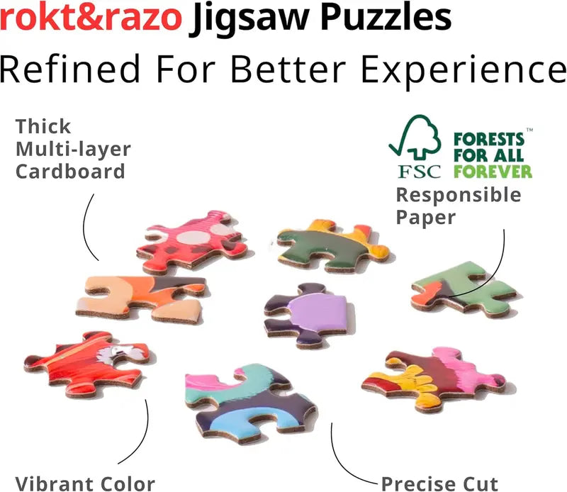 Cestovní série Rokt&razo, 24 mini puzzle po 1000 dílcích, 8 samolepek, 3 témata: národní parky, světové dědictví, prohlídka města po celém světě