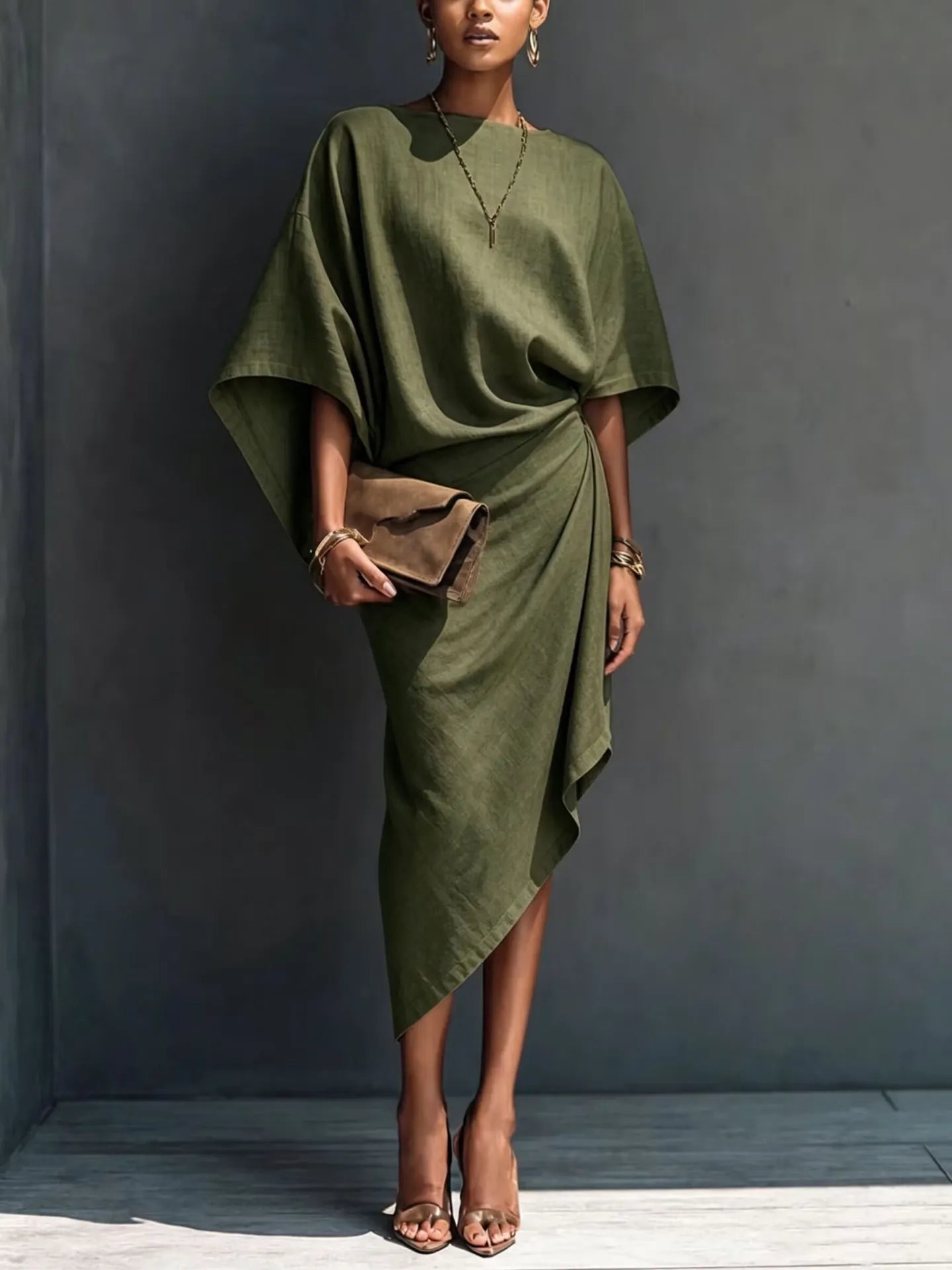 Dámské moderní minimalistické khaki midi šaty s krátkým rukávem a splývavým límcem