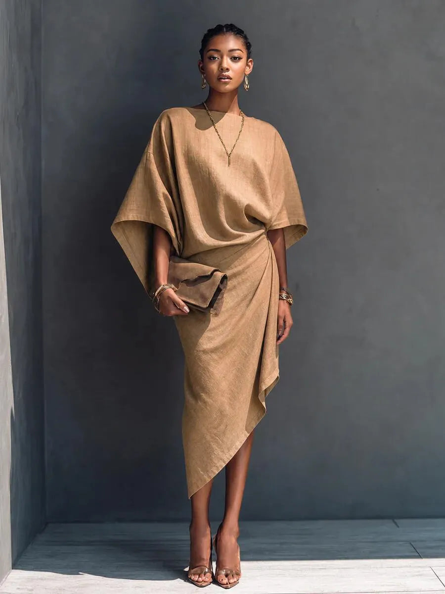 Dámské moderní minimalistické khaki midi šaty s krátkým rukávem a splývavým límcem