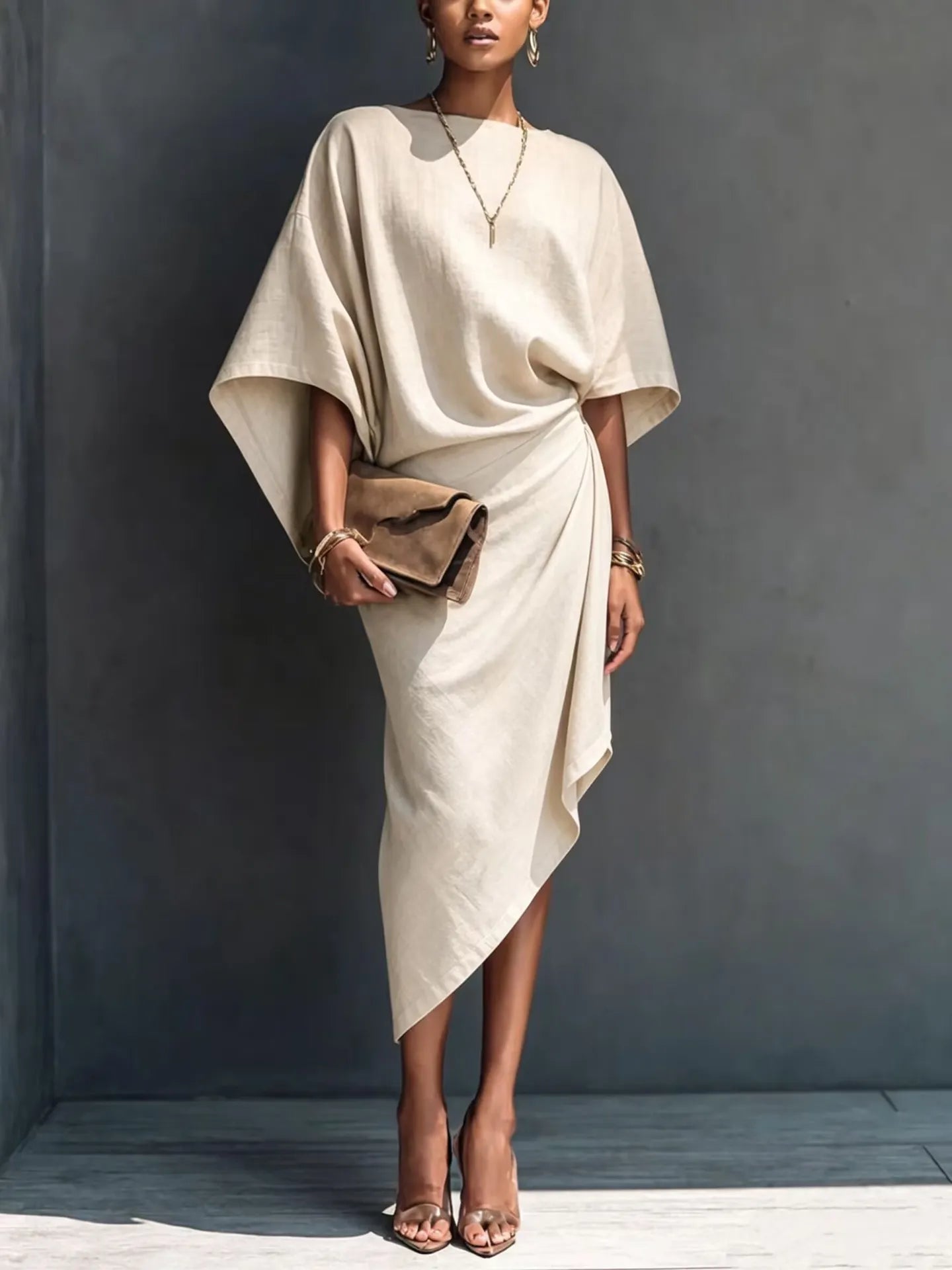 Dámské moderní minimalistické khaki midi šaty s krátkým rukávem a splývavým límcem