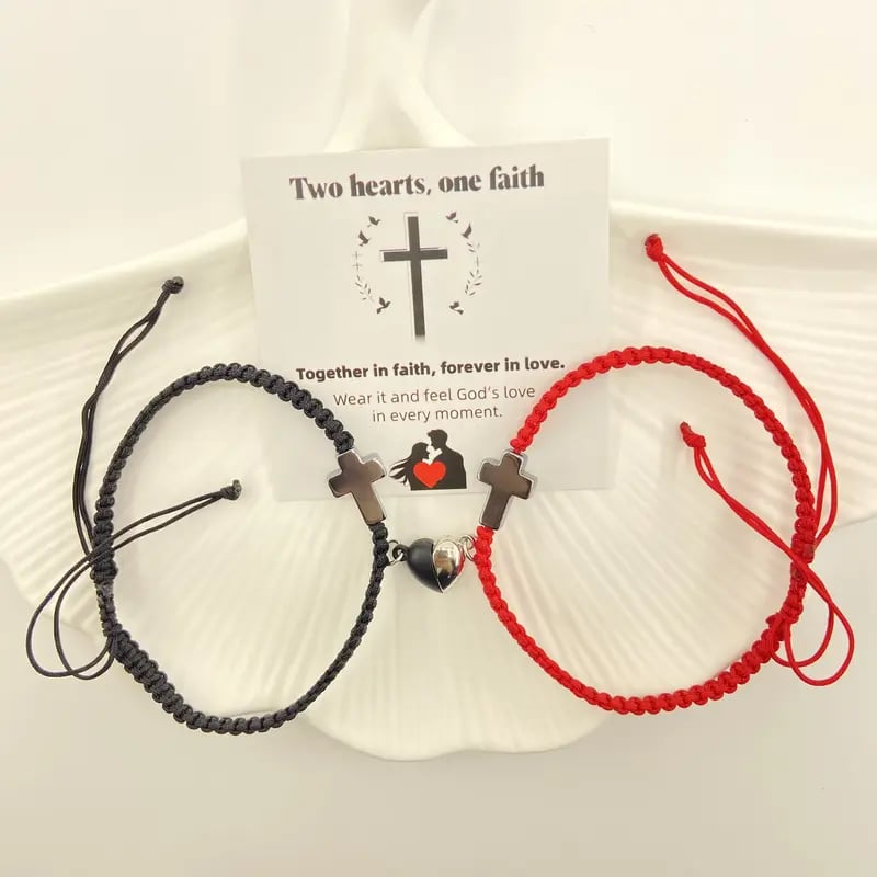 💕„Dvě srdce, jedna víra“ - inspirativní křesťanský náramek s křížkem a kartičkou s Ježíšovým požehnáním